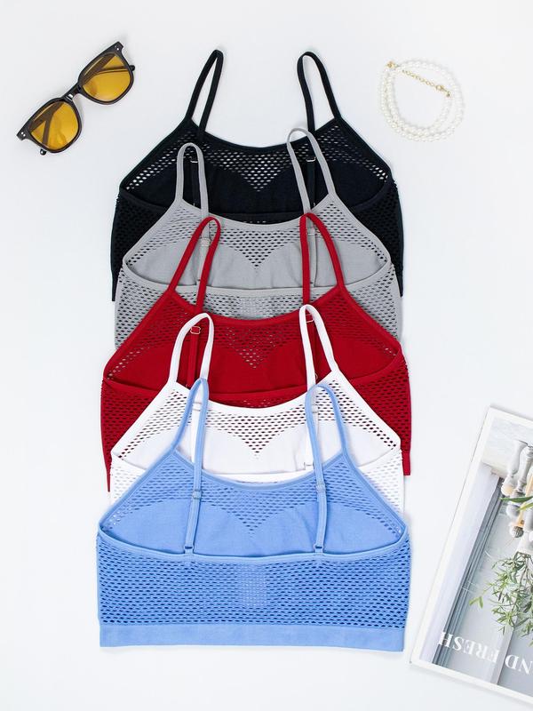 Women's Solid Contrast Mesh Wireless Bra, Adjustable Strap Bralette, Soft Comfortable Breathable Lingerie for All Seasons